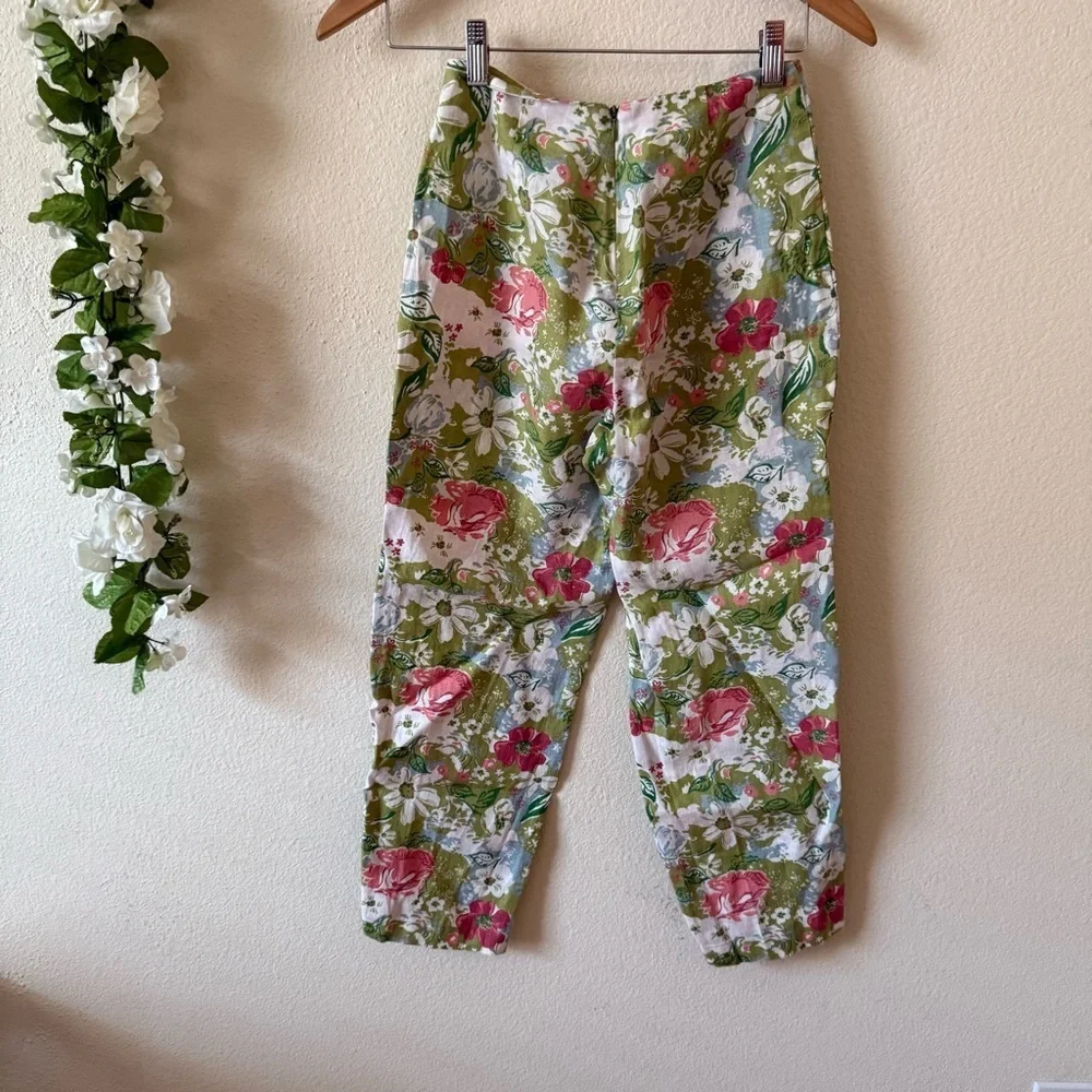 Reformation Petite Pinegrove Green Floral 100% Linen Cropped Pants